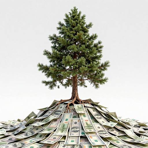 Photograph of a lush green Christmas tree with a thick brown trunk, standing atop a large pile of scattered U.S. currency bills.