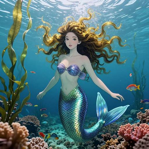 Digital artwork of a beautiful mermaid with long golden hair, purple seashell top, and shimmering blue-green tail, swimming underwater amidst coral,