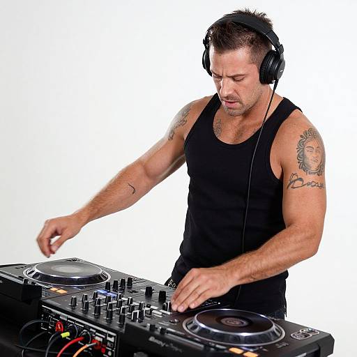 Photograph of a muscular, tattooed man with short dark hair, wearing a black tank top and headphones, DJing with turntables.