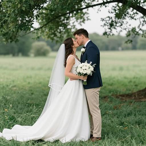 Photograph of a bride in a white gown and veil, holding a bouquet, kissing a groom in a navy blazer and khakis, under a