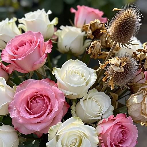 Photograph of a vibrant bouquet featuring pink and white roses, with spiky thistle buds, dewdrops on petals, and sunlight highlighting the flowers'