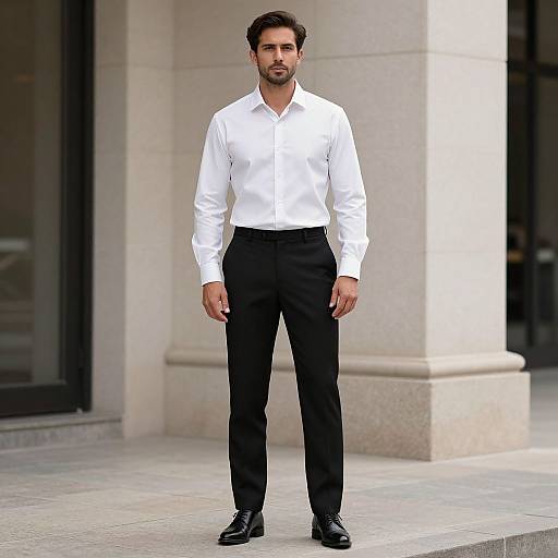 Photograph of a tall, dark-haired man with a trimmed beard, wearing a white dress shirt, black pants, and black shoes, standing in front