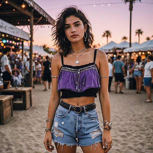 Young Woman in Bohemian Festival Outfit at Sunset
