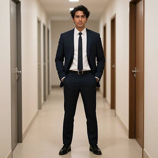 Photograph of a young man with curly black hair, medium skin tone, standing in a bright, narrow, white-walled hallway. He wears a