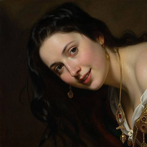 Photorealistic portrait of a young woman with fair skin, black wavy hair, and brown eyes, wearing gold jewelry and a white lace garment,