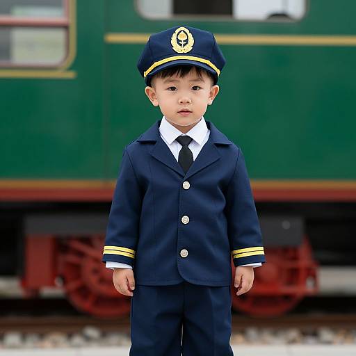Photograph of an Asian toddler in a navy blue train conductor uniform with a yellow trim and cap, standing in front of a green train.