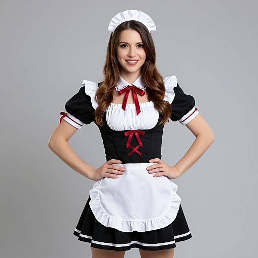 Photograph of a smiling woman in a black and white French maid outfit with red ribbon accents, white apron, and headpiece, standing against a