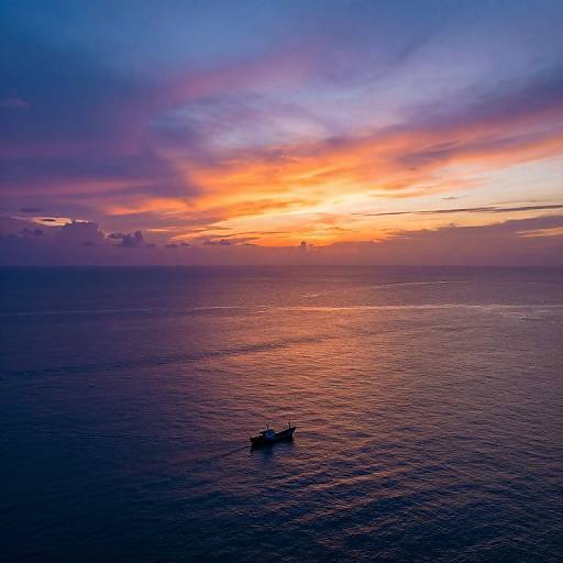 Photograph of a small boat silhouetted against a vibrant sunset, with deep blue and purple ocean, and a colorful sky blending orange, pink