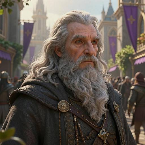 Majestic Old Wizard in Fantasy Cityscape