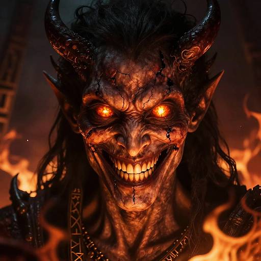 Close-up of Mischievous Demon with Glowing Ember Eyes