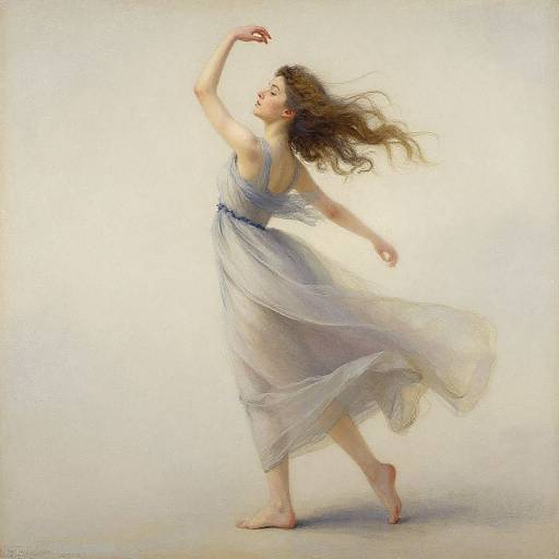 Digital painting of a barefoot woman with flowing brown hair, wearing a sheer, white, sleeveless dress, dancing gracefully against a bright white background.