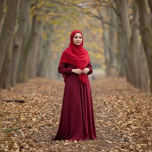 Graceful Woman in Red Hijab Forest