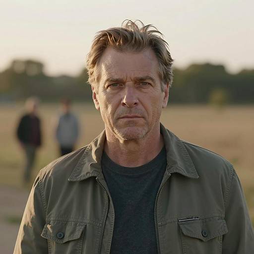 Serious Man in Green Jacket at Sunset