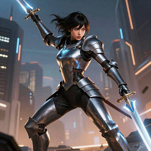 CGI image of a fierce, dark-haired woman in shiny silver armor, wielding a glowing blue sword in a neon-lit, futuristic cityscape.