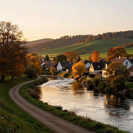Photograph of a serene autumn village at sunset, with a winding dirt path beside a reflective river, surrounded by colorful trees and charming houses.