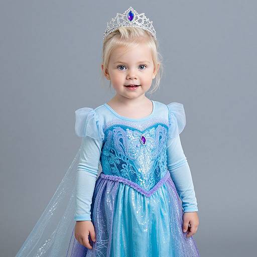 Photograph of a blonde, blue-eyed toddler girl wearing a silver tiara, light blue dress with purple accents, and translucent veil, smiling against a