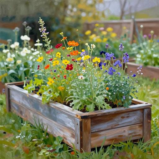 Photograph of a wooden planter box overflowing with vibrant red, yellow, blue, and orange flowers, set in a sunny garden.