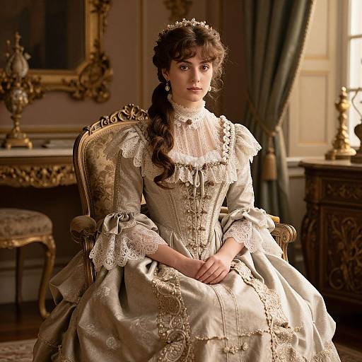 Photograph of a young woman with fair skin and brown hair in an ornate, beige, Victorian-style dress with lace, seated in an elegant,
