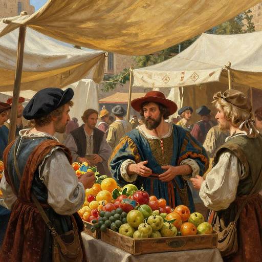 Renaissance-style digital painting: Three men in period clothing, hats, and vests, converse at a market stall filled with colorful fruits under sunlit