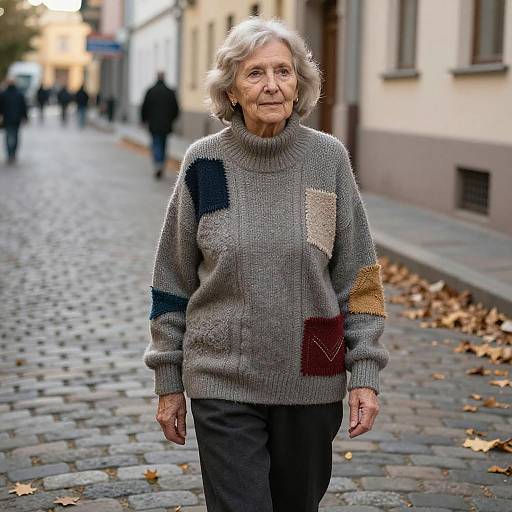 Photograph of an elderly white woman with short gray hair, wearing a patchwork gray sweater and black pants, walking on a cobblestone street with
