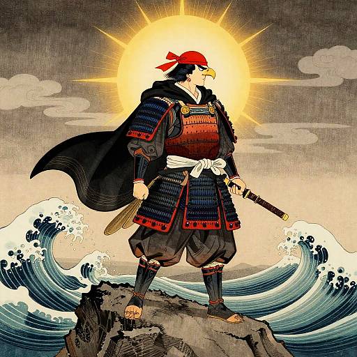 Heroic Falcon Samurai on Cliff