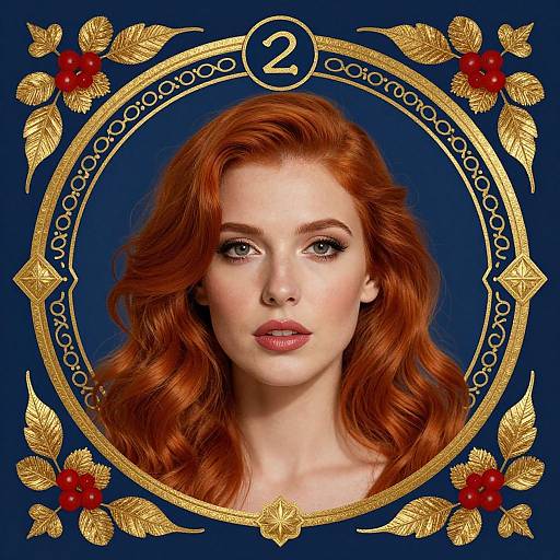 Digital portrait of a fair-skinned, red-haired woman with wavy hair, blue eyes, and pink lips, framed in a gold and blue circular