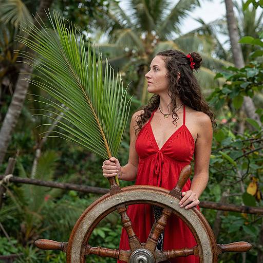 Photograph of a curly-haired woman in a red halter dress holding a palm frond, standing in front of a wooden ship's wheel, surrounded