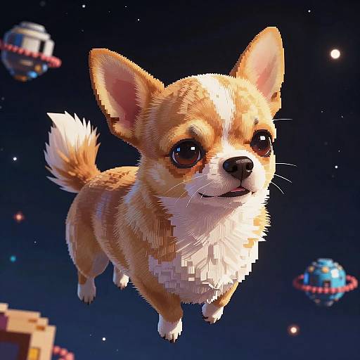 CGI digital art of a cute, pixelated Chihuahua floating in space with two UFOs and stars in the background.
