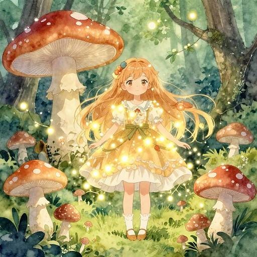 Anime-style illustration of a blonde girl with glowing lights, wearing a white dress, standing in a vibrant forest with large, glowing mushrooms.