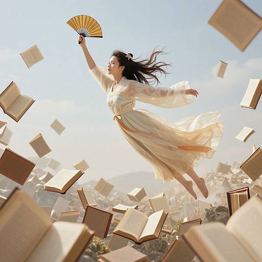 Photograph of a floating Asian woman in a flowing, beige dress, holding a fan, surrounded by flying open books against a bright, clear sky.