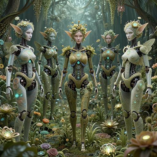 Digital art: Three elf-like, glowing, robotic female figures with golden crowns and intricate black-golden armor stand in a lush, enchanted forest