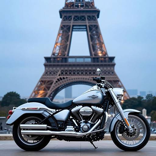 Photograph of a silver Harley-Davidson motorcycle in front of the illuminated Eiffel Tower at dusk, with a clear blue sky background.
