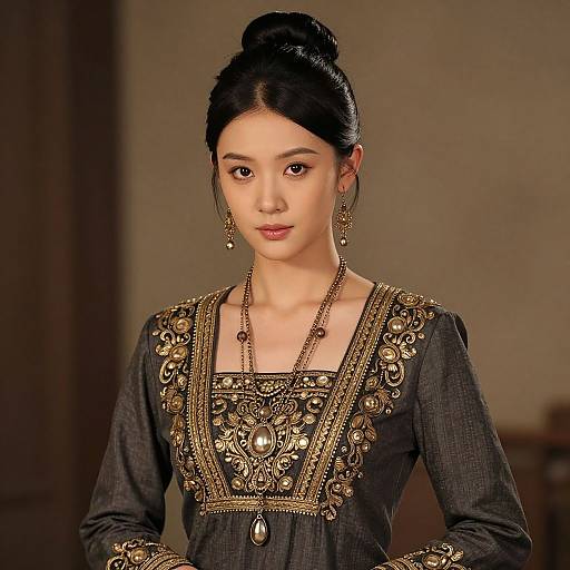 Photograph of an Asian woman with fair skin, black hair in a bun, wearing an ornate black dress with gold embroidery, long necklace, and