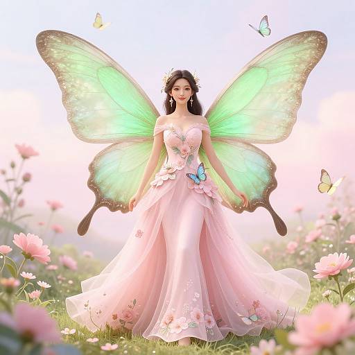 Digital art of a fairy woman with glowing green wings, pink dress, and flower crown, standing in a sunlit field of pink flowers, surrounded by