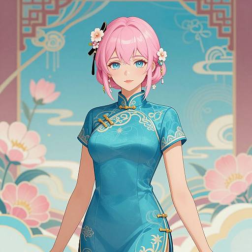 Anime Woman in Blue Cheongsam