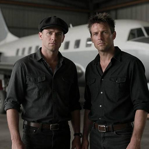 Two rugged men standing by aircraft