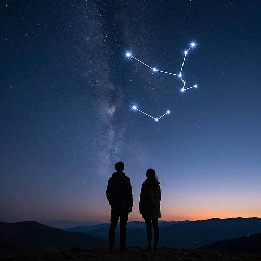 Silhouetted couple gazes at constellation-studded night sky, with Milky Way visible, under a vibrant twilight horizon. Photographic image.