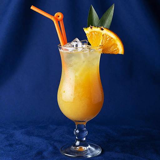 Photograph of a vibrant orange cocktail with ice, orange slice, orange stirrer, and lime leaves, against a deep blue background.