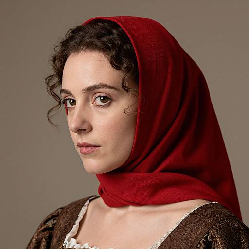Photograph of a fair-skinned woman with curly brown hair, wearing a red headscarf and brown patterned dress, against a gray background.