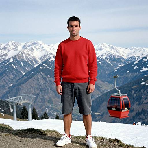 Photograph of a man in a bright red sweater, gray shorts, and white sneakers, standing in front of snow-covered mountains with a red ski lift