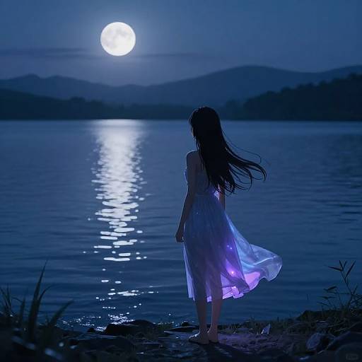 Silhouetted woman in flowing, glowing dress stands by moonlit lake, reflecting full moon's light; serene, night-time, digital art.