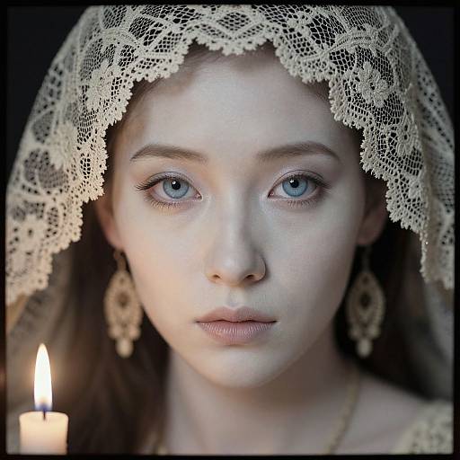 Photograph of a pale-skinned woman with blue eyes, lace headscarf, and ornate earrings, lit by a candle in the dark.