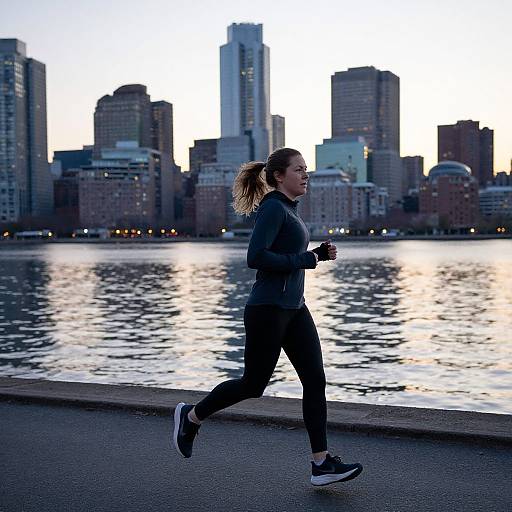 Photograph of a fit woman with ponytail jogging in black athletic wear along a waterfront, with a city skyline and dusk sky in the background.