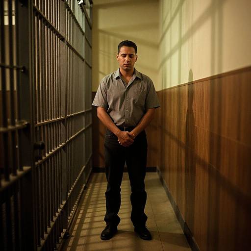 Photograph of a serious, medium-built man with short black hair, wearing a gray shirt and black pants, standing in a dimly lit, narrow