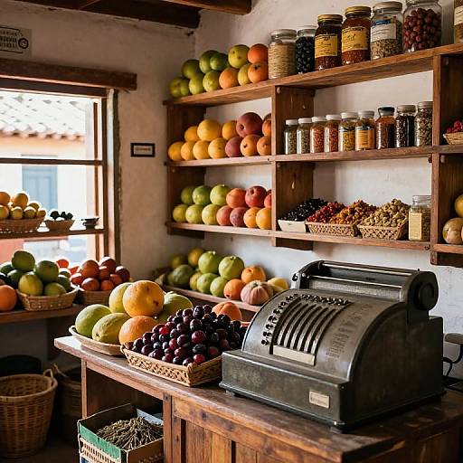 Photograph of rustic kitchen with wooden shelves filled with colorful apples, jars of spices, and a vintage typewriter on a wooden table. Sunlight filters