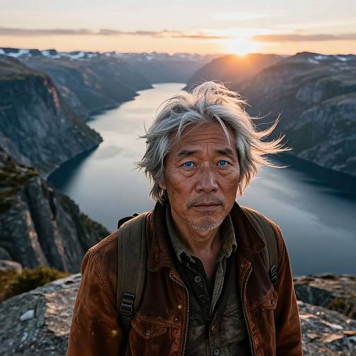 Photograph of an elderly man with grey, windblown hair and blue eyes, wearing a brown jacket, standing against a mountainous sunset backdrop with