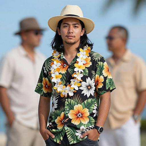Photograph of a young Asian man with long black hair, wearing a straw hat, black floral shirt with orange and white flowers, standing outdoors with two