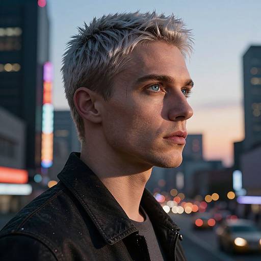 Photograph of a young, handsome man with short, spiked, platinum blonde hair and blue eyes, wearing a black jacket, standing in a city street