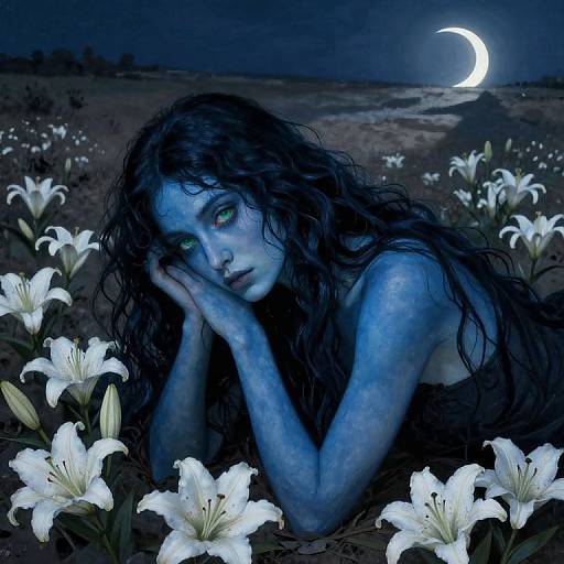 Mysterious blue-skinned woman with green eyes and black hair rests in a field of white lilies under a crescent moon. Digital art.