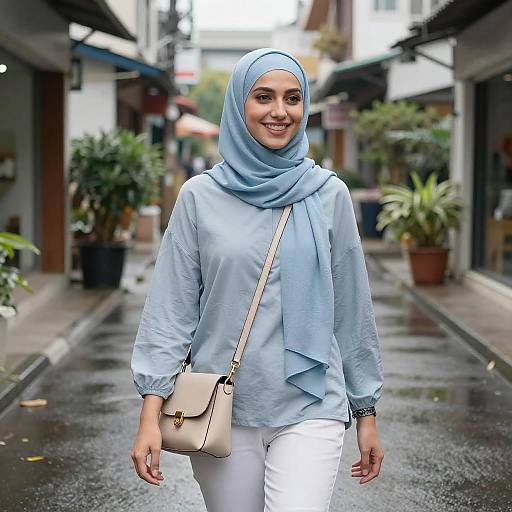 Smiling Woman in Blue Hijab on Urban Street